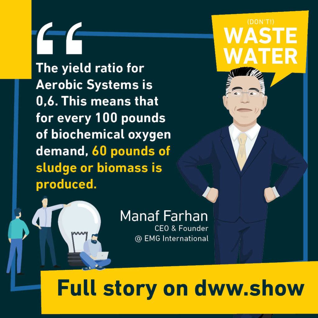 The yield ratio for Aerobic Systems is 0,6. This means that for every 100 pounds of biochemical oxygen demand (BOD), 60 pounds of sludge or biomass is produced.