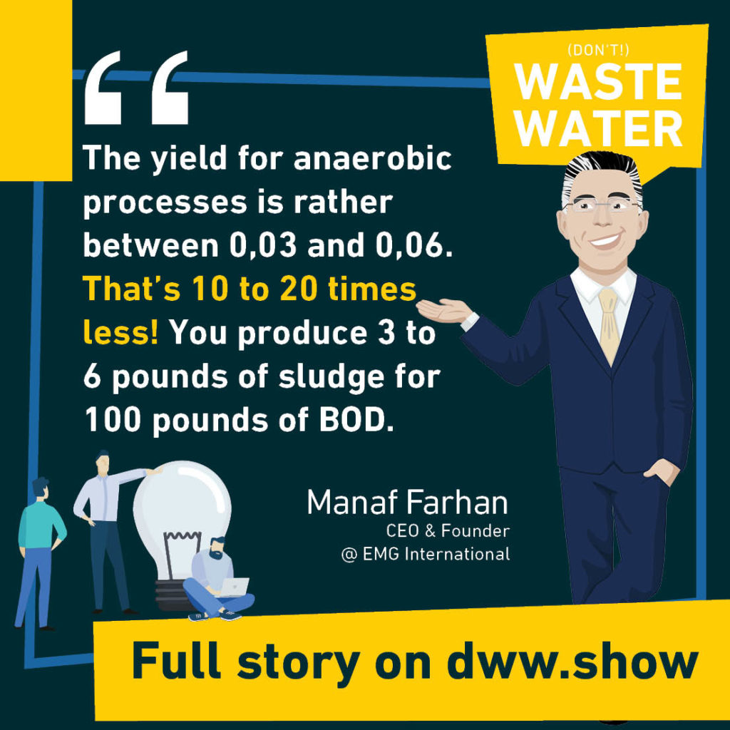 The yield for anaerobic processes (and anaerobic digestion) is rather between 0.03 and 0.06. That's 10 to 20 times less! You produce 3 to 6 pounds of sludge for 100 pounds of BOD