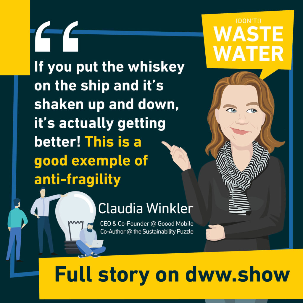 If you put a whiskey on a ship, the shaking up and down makes it better. A metaphor for system thinking, anti-fragility and resilience for Claudia Winkler, author of the Sustainability Puzzle book.