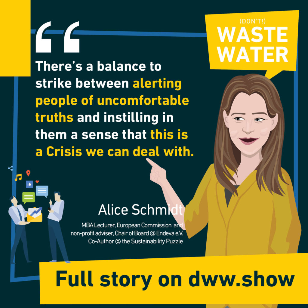 You have to find a balance between uncomfortable truths and getting a sense of how you overcome a crisis, thinks Alice Schmidt, co-author of the Sustainability Puzzle book