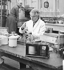 Harriette Chick, working in her water treatment chemical laboratory