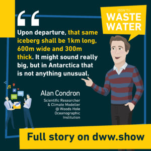 Upon departure, the same iceberg shall be 1km long, 600m wide and 300m thick, Alan Condron's model shows (for the Woods Hole Oceanographic Institution)