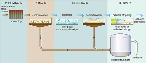 Primary, Secondary and Tertiary treatment of Wastewater