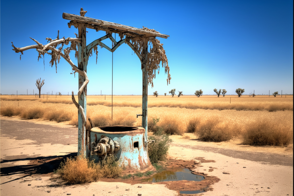 An irrigation well running dry in California (illustrated with MidJourney)