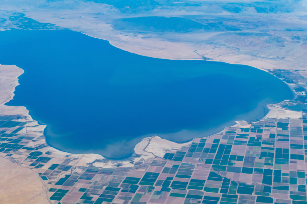 Aerial view of Salton Sea and Brawley rural scene, California