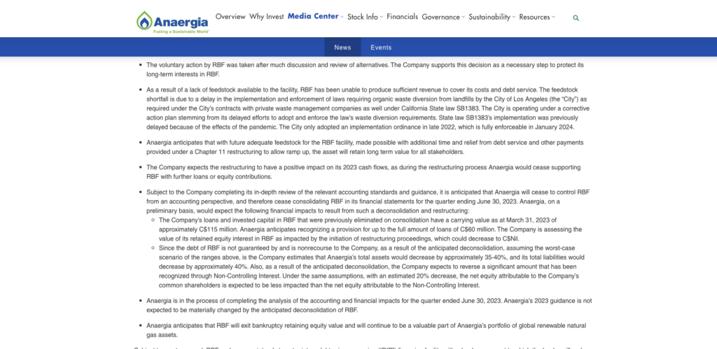 Anaergia's Press Release about the Chapter 11 Bankruptcy of the Rialto Bioenergy Facility